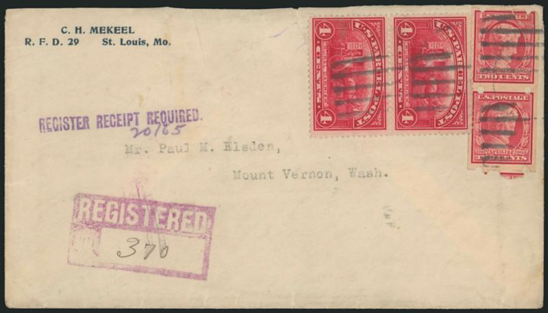 2c Lincoln, Brinkerhoff Ty. IIb (368).> Pair, <used with 4c Parcel Post (Q4),> vertical pair, tied by indistinct duplex cancels on registered cover with Mekeel return address to Mt. Vernon Wash., Pine Lawn Mo.
Sep. 30, 1913 and receiving backstamps