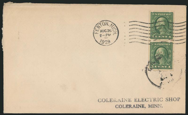1c Green, Brinkerhoff Ty. IIb (408).> Pair, tied by Fenton Mich. Aug. 29, 1929 machine cancel on cover to Coleraine Minn., trivial edgewear, Very Fine, late usage and <the only recorded usage> of this
issue