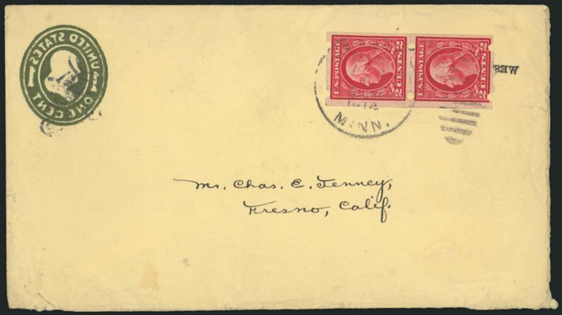 2c Carmine, Brinkerhoff Ty. IIb (409).> Pair, tied by indistinct 1914 Aurora Minn. duplex cancel on <misfolded 1c entire> to Fresno Cal., label on back for firemens tournament, minor edgewear, Very Fine and
unusual usage, Scott Retail as single on n