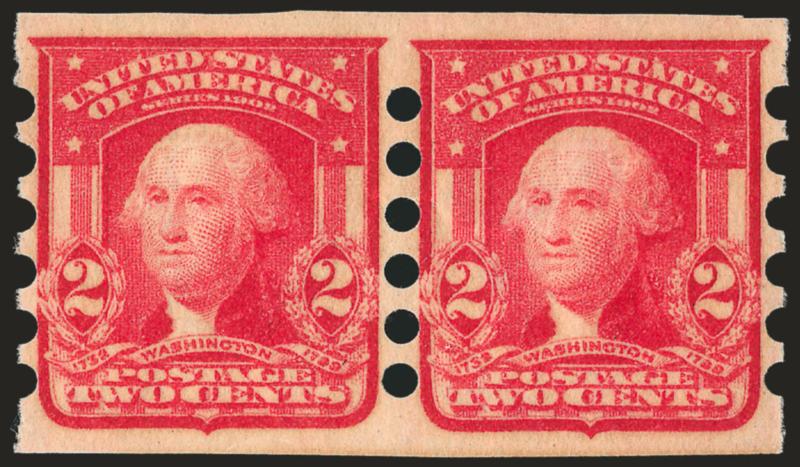 2c Scarlet, Mailometer Ty. IA (320b).> Pair, right stamp Mint N.H., left stamp small h.r., brilliant color, Very Fine and choice