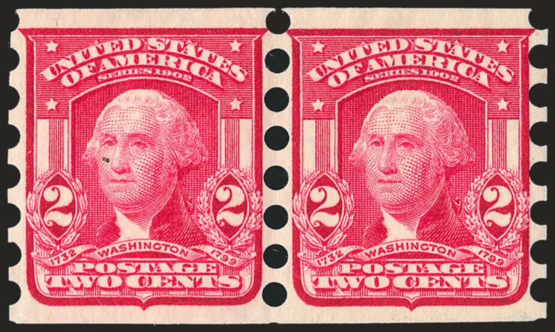 2c Carmine, Mailometer Ty. II (320).> Pair, small h.r., brilliant color, beautiful centering, fresh and Extremely Fine