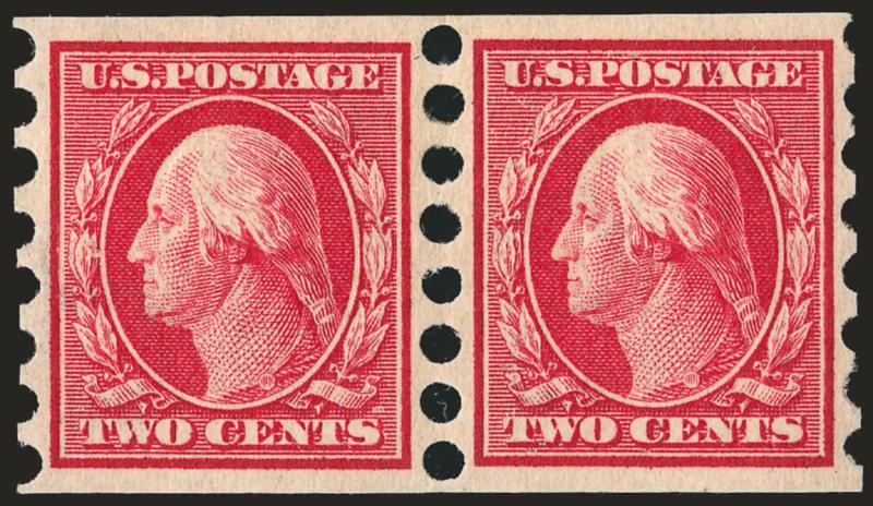 1c-2c Mailometer Ty. II (343, 344, 383, 384).> Pairs, Nos. 383 and 384 two of each with different spacing, No. 383 seven hole variety caused by bottom row in sheet not being fully perforated, few h.r., one with
nick in bottom margin, Fine-Very Fine