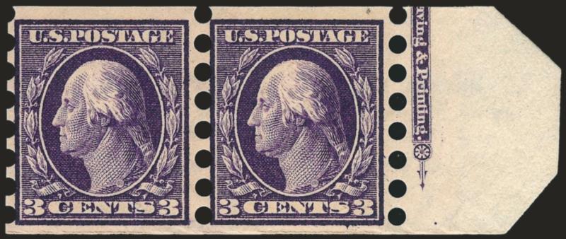 3c Deep Violet, Mailometer Ty. II (345).> Mint N.H. pair with <part imprint selvage at right,> intense shade and impression, Very Fine, desirable and especially scarce with the selvage, each stamp with RWB
backstamp, with 2003 P.F. certificate