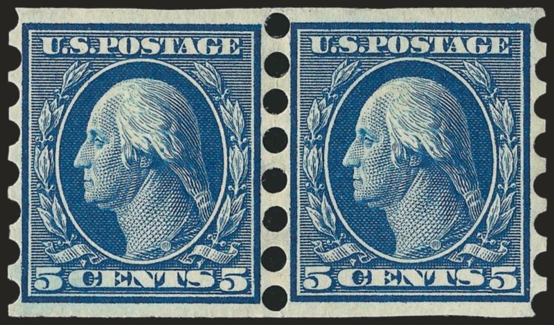 5c Blue, Mailometer Ty. II (347).> Pair, deep rich color, small thin spot at top right, Very Fine appearance, scarce, with 1990 P.F. certificate