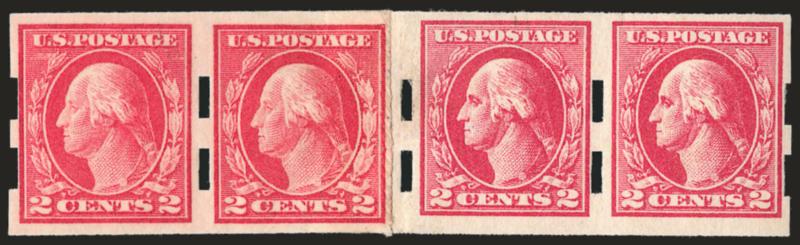 2c Carmine, Schermack Ty. III (482, 532).> Combination paste-up strip of four, left stamps No. 482, right stamps No. 532, light natural gum bend, Very Fine, unusual item