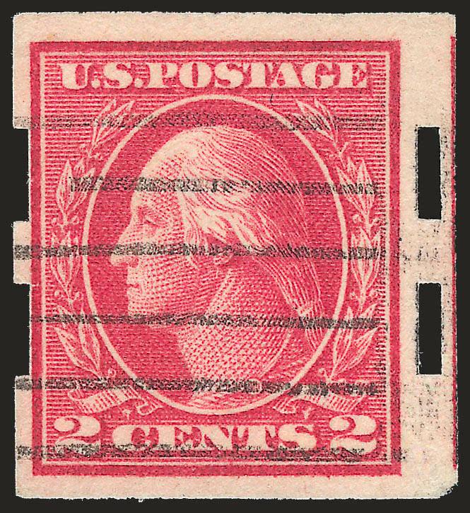 2c Deep Rose, Ty. Ia, Imperforate (482A).> Brilliant color on bright white paper, centered to left as are virtually all recorded examples, Schermack perforations completely intact at right showing small part of
adjoining stamp at right, cancel leaves