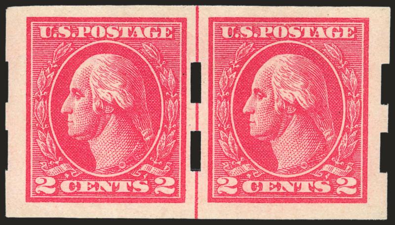2c Carmine, Ty. V, Schermack Ty. III (533).> Guide line pair, barest trace of hinging, brilliant color, choice centering, fresh and Extremely Fine, a beautiful guide line pair, with 2003 P.F. certificate