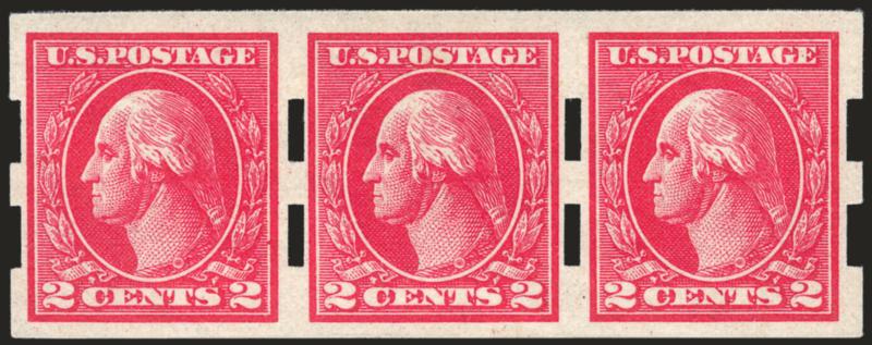 2c Carmine, Ty. V, Schermack Ty. III (533).> Strip of three, side stamps Mint N.H., brilliant color, Extremely Fine, with 1981 P.F. certificate, Scott Retail as pair and half a pair