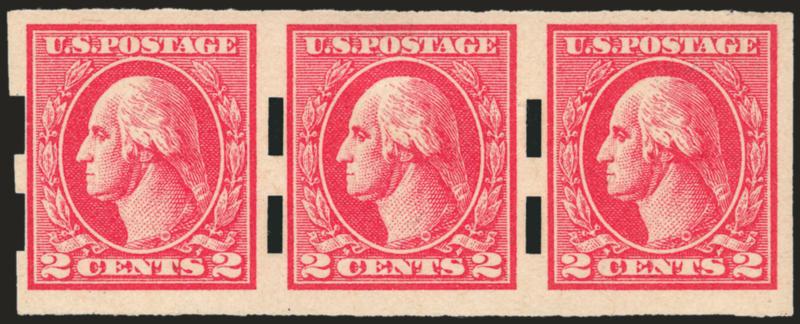 2c Carmine, Ty. VII, Schermack Ty. III (534B).> Strip of three, center stamp h.r., right stamp Mint N.H., attractively centered, Very Fine, scarce large multiple, Scott Retail as one and one-half pairs, with
1985 A.P.S. and 1997 P.F. certificates