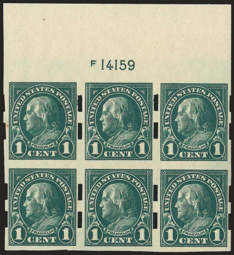 1c Deep Green, Schermack Ty. III (575).> Wide top plate no. F14159 block of six, top left tiny toned spot, light thinning around two perf holes at top (natural production flaw?), otherwise Very Fine, with 1992
P.F. certificate, <only two or three pla
