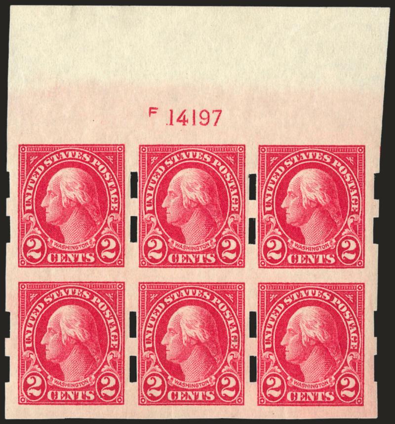 2c Carmine, Schermack Ty. III (576).> Wide top plate no. F14197 block of six, beautiful margins and centering, some natural gum wrinkles or creasing, Extremely Fine appearance, <only two or three plate blocks
known>