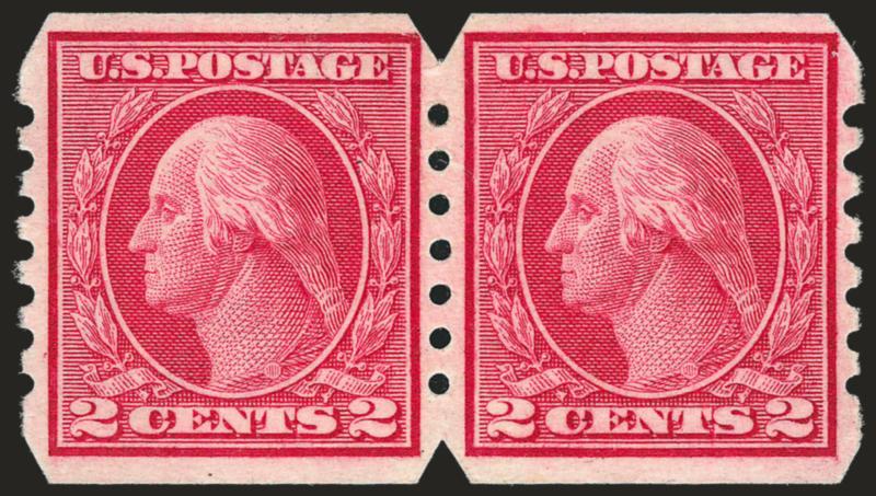 2c Carmine, U.S. Automatic Vending Ty. III Perforations (459).> Pair, brilliant color, unusually choice centering<><>^EXTREMELY FINE. AN EXTREMELY RARE PAIR OF THE 2-CENT SCOTT 459 WITH U.S. AUTOMATIC VENDING
MACHINE COMPANY ISSUE TYPE III PERFORAT