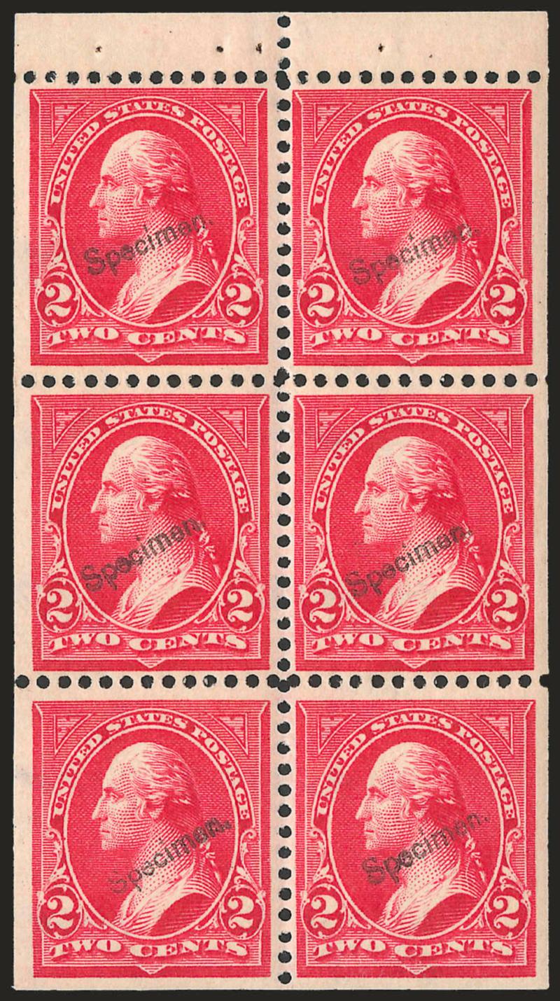 2c Red, Ty. IV, Booklet Pane of Six, Horizontal Wmk., Specimen Ovpt. Ty. E (279BjS-E).> Position A, lightly hinged, beautiful centering, Very Fine and choice