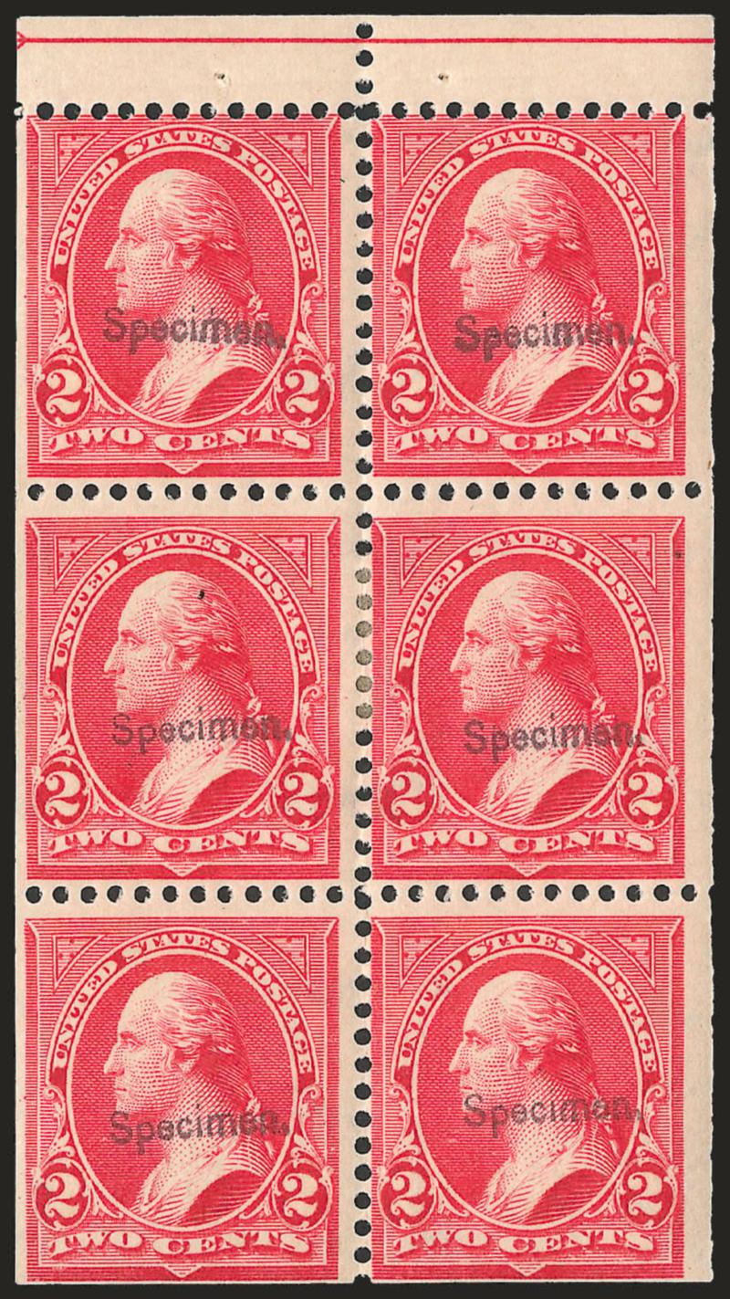 2c Red, Ty. IV, Booklet Pane of Six, Horizontal Wmk., Specimen Ovpt. Ty. E (279BjS-E).> Two, Positions A and M from the 360 subject plate, watermark inverted on Position A, h.r., fresh and Fine, Position M is
relatively scarce, representing only ap