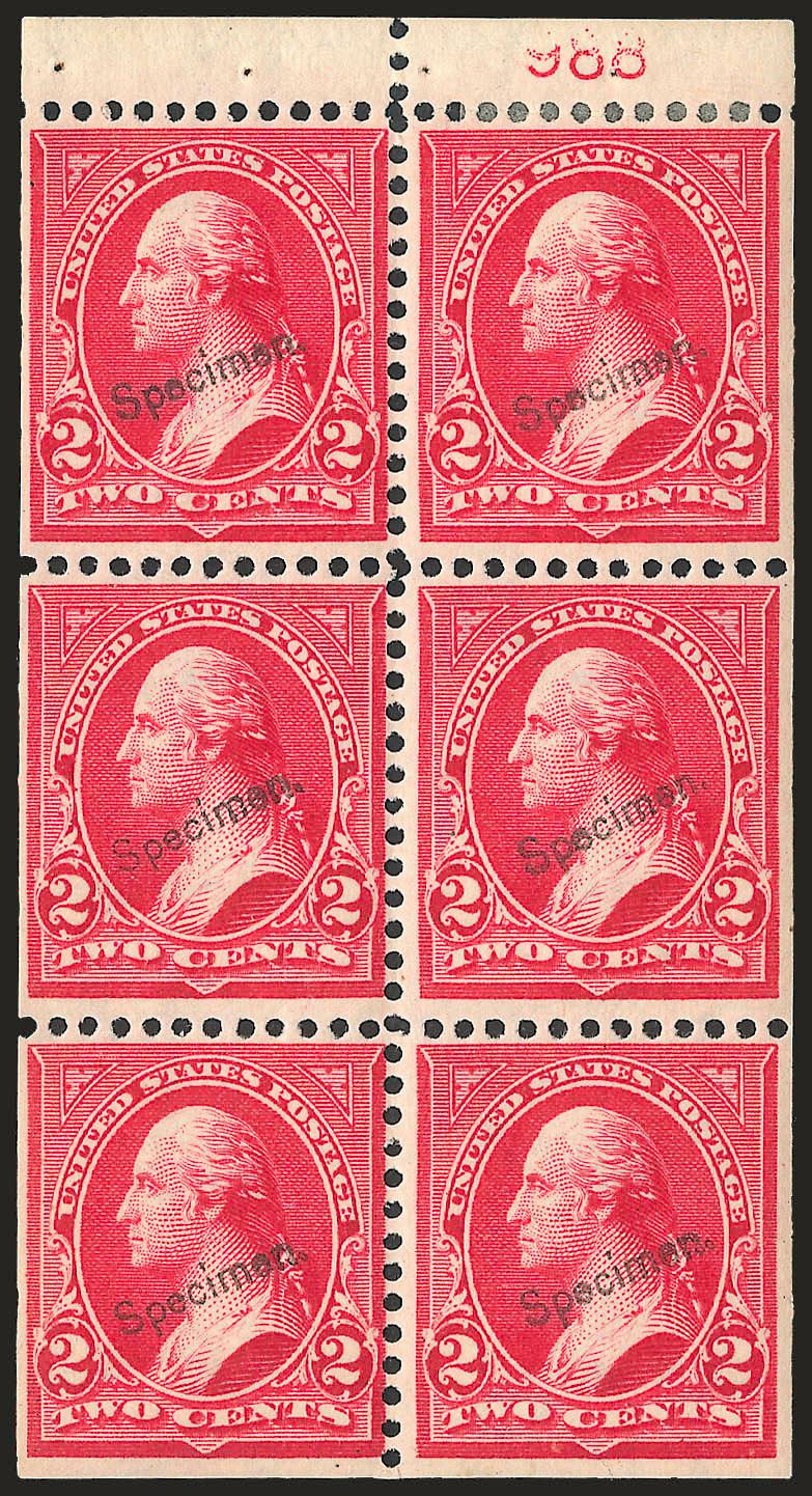 2c Red, Ty. IV, Booklet Pane of Six, Horizontal Wmk., Specimen Ovpt. Ty. E (279BjS-E). Position D> with plate no. 988, single h.r. reinforcing some perf separations between selvage and pos. 2, deep rich color,
Fine-Very Fine