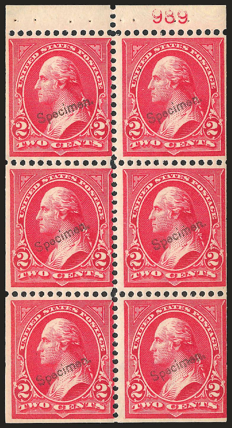 2c Red, Ty. IV, Booklet Pane of Six, Horizontal Wmk., Specimen Ovpt. Ty. E (279BjS-E).> Two, both <Position D> with plate nos. 989 (inverted watermark) and 990, original gum, one with two small h.r., both
centered to left but with ample to wide bot