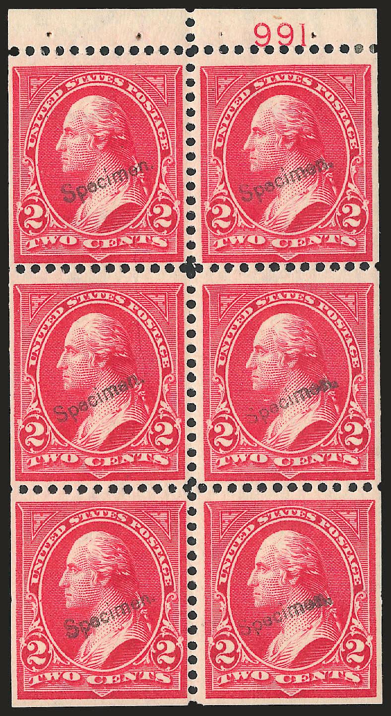 2c Red, Ty. IV, Booklet Pane of Six, Horizontal Wmk., Specimen Ovpt. Ty. E (279BjS-E). Position D> with plate no. 991, original gum, tiny h.r. at top, fresh and Fine-Very Fine