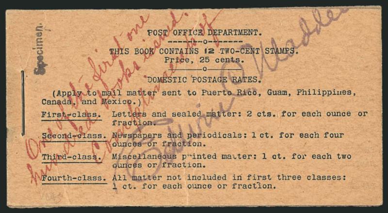 2c Red, Ty. IV, Horizontal Wmk., Specimen Ovpt. Ty. E, Complete 25c Booklet (BK1-S).> Comprising two panes of six of <No. 279BjS-E, Position I,> BIA Cover Type I-a.1, Specimen. handstamp in black on front, also
manuscript <<One of the first one