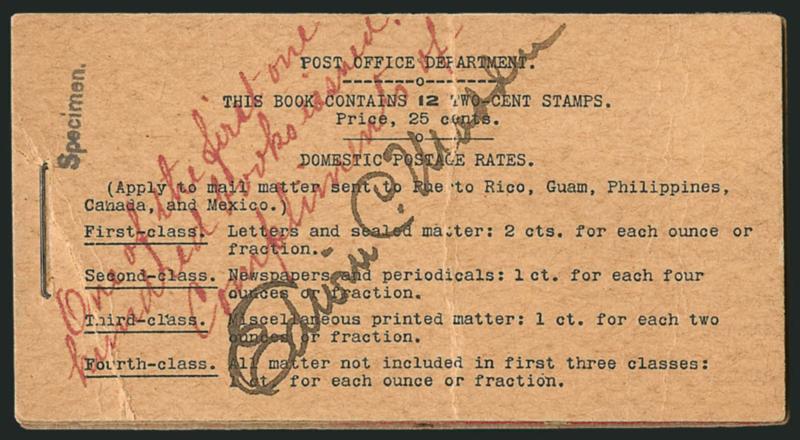 2c Red, Ty. IV, Horizontal Wmk., Specimen Ovpt. Ty. E, Complete 25c Booklet (BK1-S).> Comprising two panes of six of <No. 279BjS-E,> Position A, BIA Cover Type I-a.1, Specimen. handstamp in black on front, also
manuscript <<One of the first one