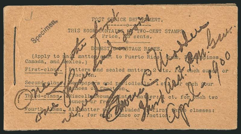 2c Red, Ty. IV, Horizontal Wmk., Specimen Ovpt. Ty. E, Complete 25c Booklet (BK1-S).> Comprising two panes of six of <No. 279BjS-E,> Position A, BIA Cover Type I-a.1, Specimen. handstamp in black on front, also
manuscript <<One of the first one-