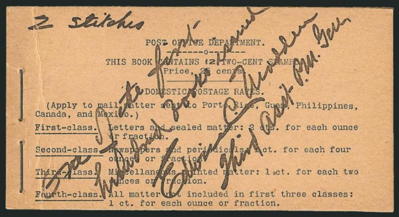 2c Red, Ty. IV, Horizontal Wmk., Specimen Ovpt. Ty. E, Partial 25c Booklet (BK2-S).> Comprising only a single pane of six of <No. 279BjS-E,> all interleaving intact, Position A, BIA Cover Type I-b.1, no
Specimen. handstamp, manuscript <<One of t