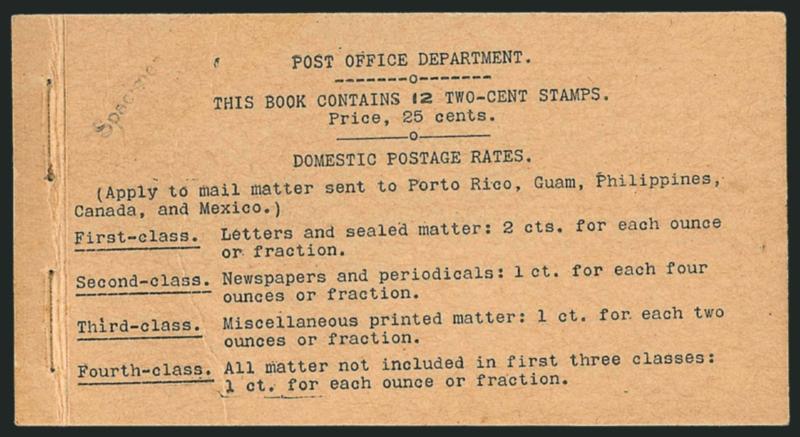 2c Red, Ty. IV, Horizontal Wmk., Specimen Ovpt. Ty. E, Complete Exploded 25c Booklet (BK2-S).> Comprising two panes of six of <No. 279BjS-E,> Position A, BIA Cover Type I-b.1, Specimen. handstamp in black on
front, two staple hole covers with cou