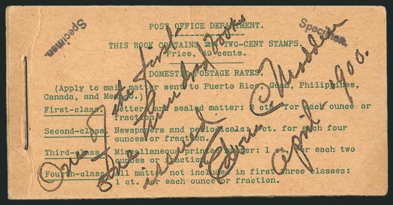 2c Red, Ty. IV, Horizontal Wmk., Specimen Ovpt. Ty. E, Complete 49c Booklet (BK3-S).> Comprising four panes of six of <No. 279BjS-E,> Position A, BIA Cover Type I-a.2, Specimen. handstamp struck twice in black
on front, <once inverted>, also manu