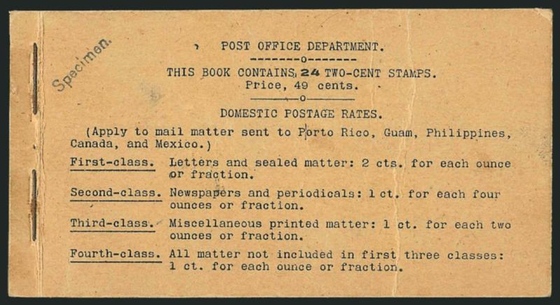 2c Red, Ty. IV, Horizontal Wmk., Specimen Ovpt. Ty. E, Complete 49c Booklet (BK4-S).> Comprising four panes of six of <No. 279BjS-E,> Position A, BIA Cover Type I-b.2, Specimen. handstamp on front, some staple
rusting, typical staple crease and v