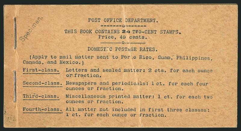 2c Red, Ty. IV, Horizontal Wmk., Specimen Ovpt. Ty. E, Complete 49c Booklet (BK4-S).> Comprising four panes of six of <No. 279BjS-E,> three panes Position A, single pane <Position M,> BIA Cover Type I-b.2,
Specimen. handstamp on front in black, s