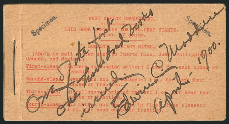 2c Red, Ty. IV, Booklet Pane of Six, Horizontal Wmk., Specimen Ovpt. Ty. E, Partial 97c Booklet (BK5-S).> Comprising seven panes of six of <No. 279BjS-E,> one pane missing, <Position I,> BIA Cover Type I-a.3,
Specimen. handstamp overprinted twice