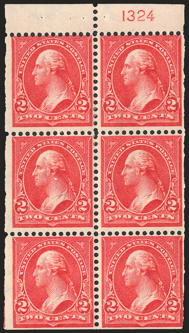 2c Red, Ty. IV, Booklet Panes of Six, Vertical Wmk. (279Bk).> Three, all <Position D> with plate nos. 1324, 1326 and 1327, last with inverted watermark, first and last h.r., second lightly hinged, edges a bit
roughly cut on two, otherwise Fine, attra