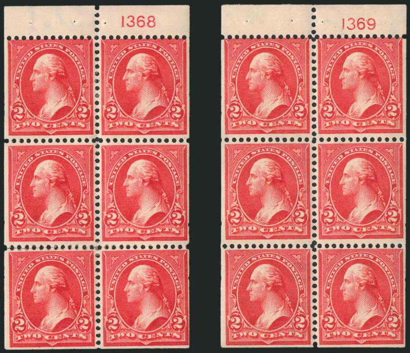 2c Red, Ty. IV, Booklet Panes of Six, Vertical Wmk. (279Bk).> Two, both <Position D,> with the only <two Durland listed scarce plate nos. -- 1368 and 1369,> original gum, first with two h.r. (one reinforcing
horizontal perf separations), slightly dif