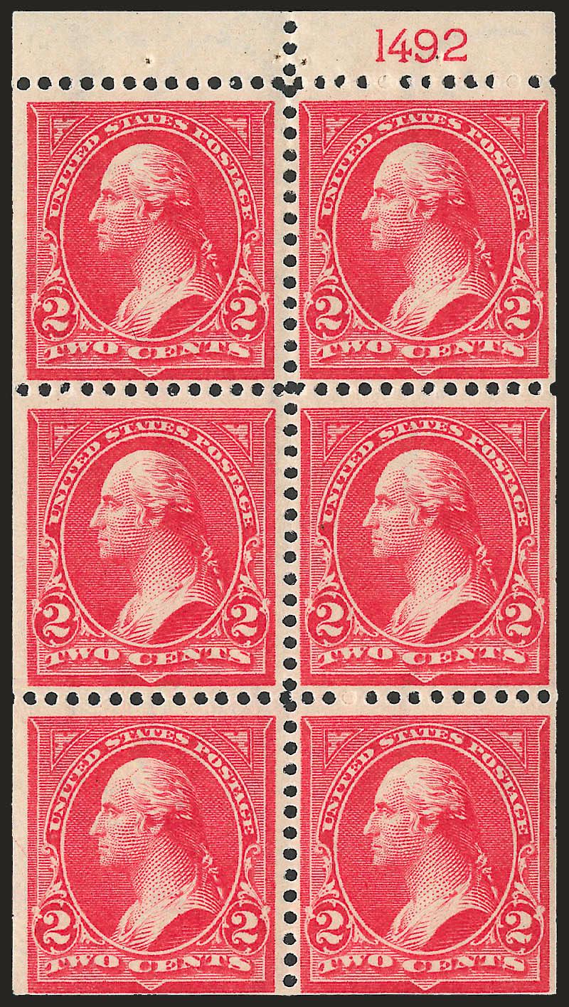 2c Red, Ty. IV, Booklet Pane of Six, Vertical Wmk. (279Bk). Position D> with plate no. 1492, original gum, choice centering, bright color, Extremely Fine, a lovely booklet pane