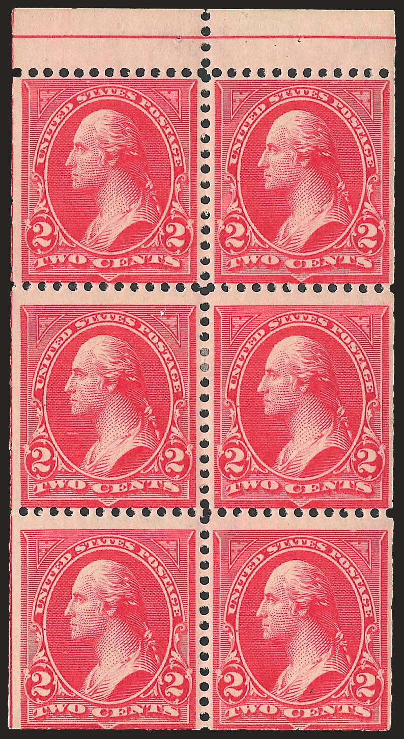 2c Red, Ty. IV, Booklet Pane of Six, Horizontal Wmk. (279Bj). Position O,> single h.r., centered to top, clear vertical guide line at left, Fine, the rarest position on the 360 subject plate with only
approximately 0.3% of the total printing represen