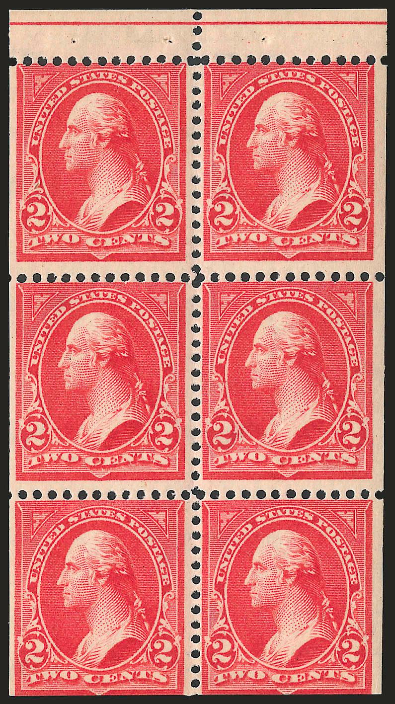 2c Orange Red, Ty. IV, Booklet Pane of Six, Horizontal Wmk. (279Bj). Position M,> Mint N.H., fresh and Fine, only approximately 6.7% of the total printing is represented by this position, Scott Retail as most
common position
