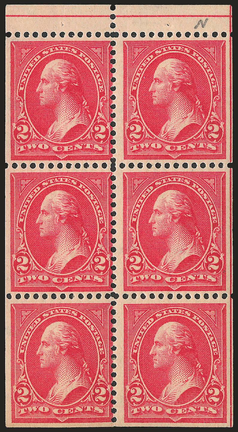 2c Red, Ty. IV, Booklet Pane of Six, Horizontal Wmk. (279Bj). Position N,> lightly hinged, centered to left but with wide margins at sides maximizing the vertical guide line at right, light vertical crease
through left stamps, Fine appearance and ext