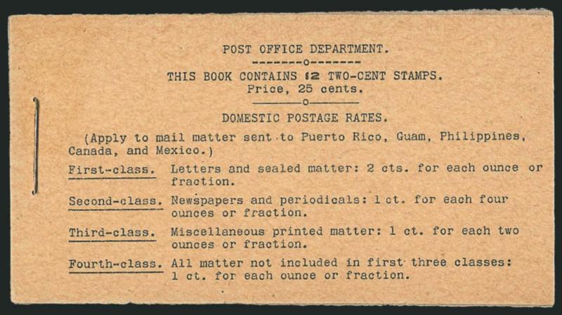 2c Red, Ty. IV, Horizontal Watermark, Complete 25c Booklet (BK1).> Comprising two panes of six of <No. 279Bj,> Position A, BIA Cover Type I-a.1, single small staple, pristine front cover, back cover with small
corner crease and slight creasing along