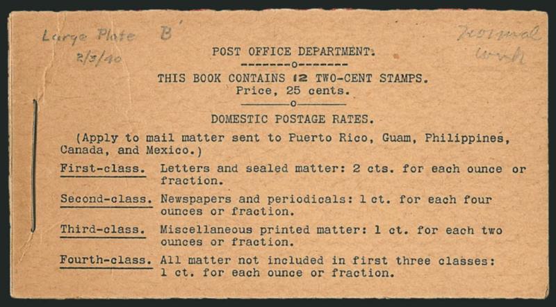 2c Red, Ty. IV, Horizontal Watermark, Complete 25c Booklet (BK1).> Comprising two panes of six of <No. 279Bj, Positions B and H,> BIA Cover Type I-a.1, single large staple, light cover creasing, interleaving
pages adhere to the panes, still Fine and