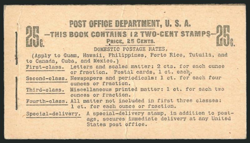 2c Red, Ty. IV, Vertical Watermark, Complete 25c Booklet (BK7).> Comprising two panes of six of <No. 279Bk,> Position A, BIA Cover Type I-e.1 with <Special-delivery.> at bottom, usual staple creases are lighter
than often found, minor wrinkles on f