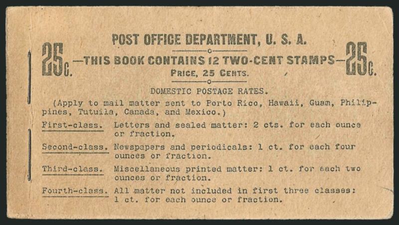 2c Red, Ty. IV, Vertical Watermark, Complete 25c Booklet (BK7).> Comprising two panes of six of <No. 279Bk,> Position A, BIA Cover Type I-d.1, lighter staple crease than often found, front cover with slight
soiling, panes are nicely centered and fres