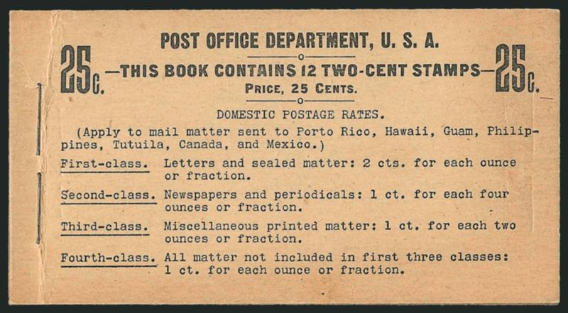 2c Red, Ty. IV, Horizontal Watermark, Complete 25c Booklet (BK7).> Comprising two panes of six of <No. 279Bj,> Position A, BIA Cover Type I-c.1-1, tropicalized original gum, front cover with creasing along
staple, back cover with vertical crease, oth