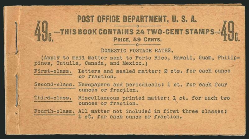 2c Red, Ty. IV, Vertical Watermark, Complete 49c Booklet (BK8).> Comprising four panes of six of <No. 279Bk,> Position A, BIA Cover Type I-d.2, tropicalized original gum, front cover with small piece missing
along top staple and with the typical crea