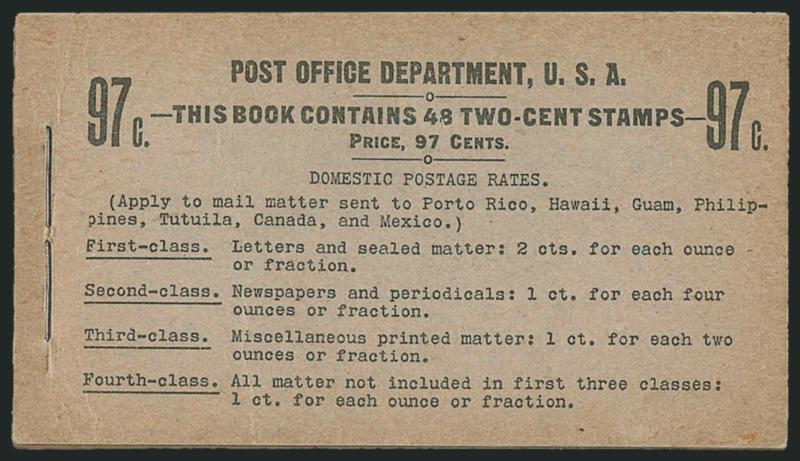 2c Red, Ty. IV, Vertical Watermark, Complete 97c Booklet (BK9).> Comprising eight panes of six of <No. 279Bk, Position E,> BIA Cover Type I-d.3, couple very faint bends on back and at top of upper staple on
front, four of the panes are particularly w