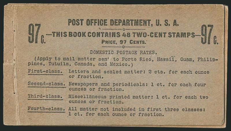 2c Red, Ty. IV, Vertical Watermark, Complete 97c Booklet (BK9).> Comprising eight panes of six of <No. 279Bk,> Position A, BIA Cover Type I-d.3, original front cover missing and replaced but staples intact
throughout rest of booklet, typical creasing
