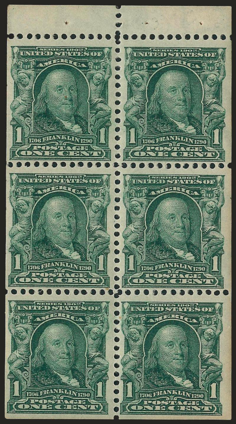 1c Blue Green, Booklet Pane of Six (300b).> Position A, lightly hinged, deep rich color on bright paper, choice centering, Very Fine
