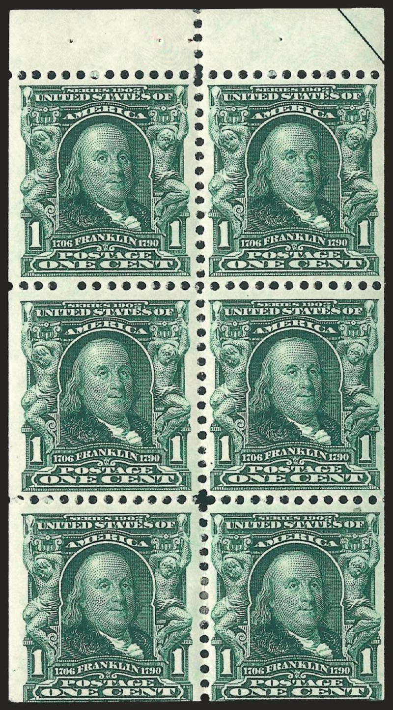1c Blue Green, Booklet Pane of Six (300b).> Two, <Positions B and C>, first with single h.r., second bit heavy h.r., both showing the split arrows that define the positions, Fine-Very Fine, scarce positions
which are each estimated to represent only