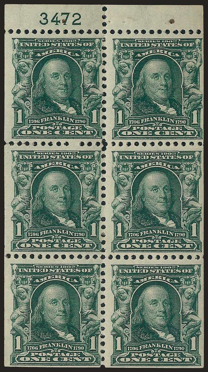 1c Blue Green, Booklet Pane of Six, Misplaced Plate Number (300b var).> Position D with <plate no. 3472 above the top left stamp,> tiny h.r. on one, others relatively lightly hinged, couple minor perf
separations between pos. 1 and 3, attractive cent