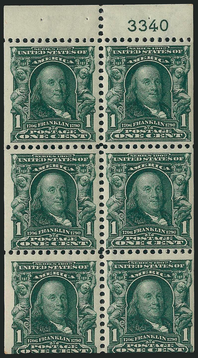 1c Blue Green, Booklet Pane of Six (300b).> Position D with plate no. 3340, top and bottom stamps Mint N.H., deep color on fresh paper, Fine-Very Fine, listed as scarce plate no. in Durland with only 1-2
known