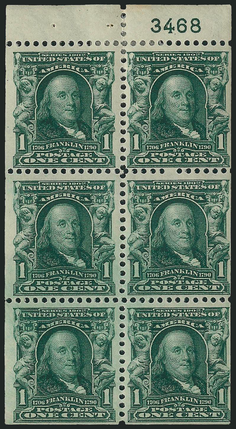 1c Blue Green, Booklet Pane of Six (300b).> Position D with plate no. 3468, single h.r. at top, rich color, fresh and Fine-Very Fine, listed as scarce plate no. in Durland with only 1-2 known