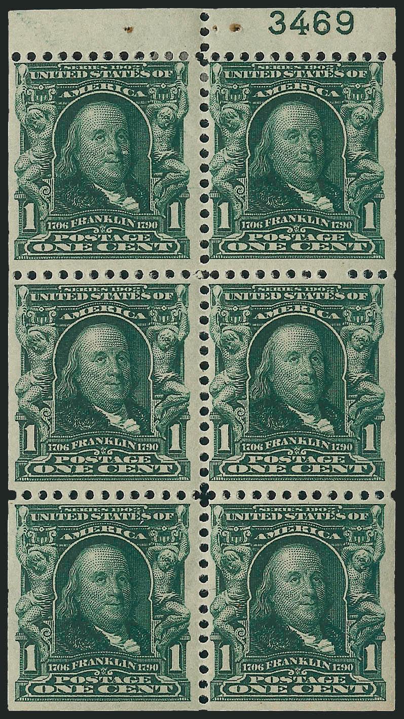 1c Blue Green, Booklet Pane of Six (300b).> Position D with plate no. 3469, single h.r. at top and few other stamps lightly hinged, tiny rust spot from staple at top, otherwise Fine-Very Fine, listed as scarce
plate no. in Durland with only 1-2 known